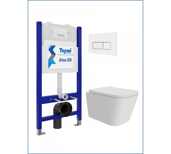 Изображение товара Инсталляция с унитазом комплект 5 в 1 Teymi унитаз подвесной безободковый Helmi Pro кнопка белая / хром F15966 ЦБ-00285762