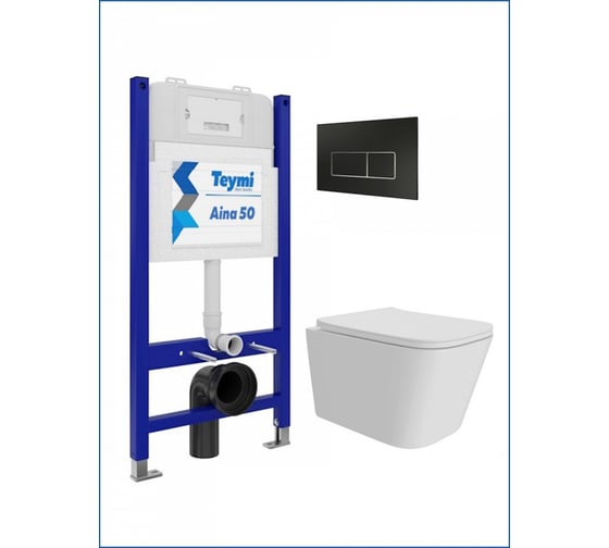 Изображение товара Инсталляция с унитазом комплект 5 в 1 Teymi унитаз подвесной безободковый Helmi Pro кнопка черная / хром F15965 ЦБ-00285758