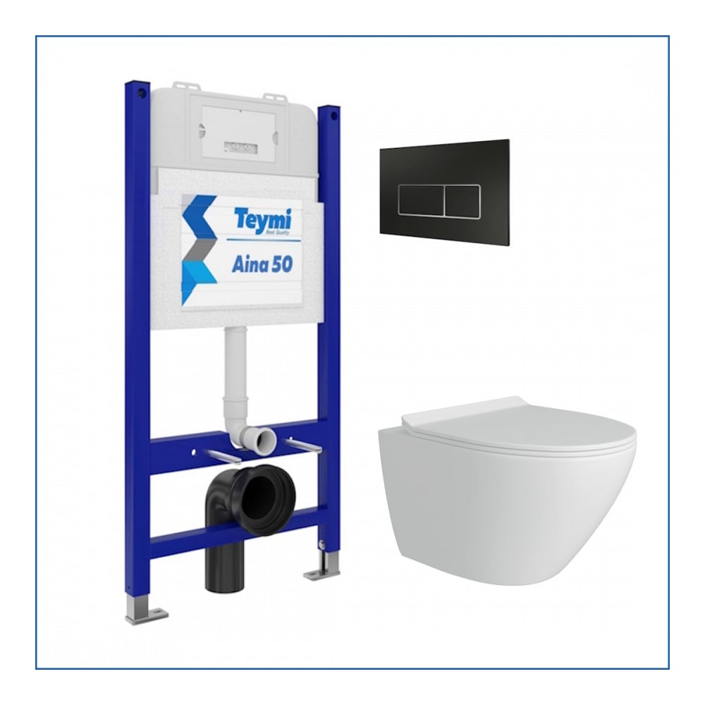 Изображение товара Инсталляция с унитазом 5 в 1 Teymi Lina Pro безободковый комплект с кнопкой черная/хром