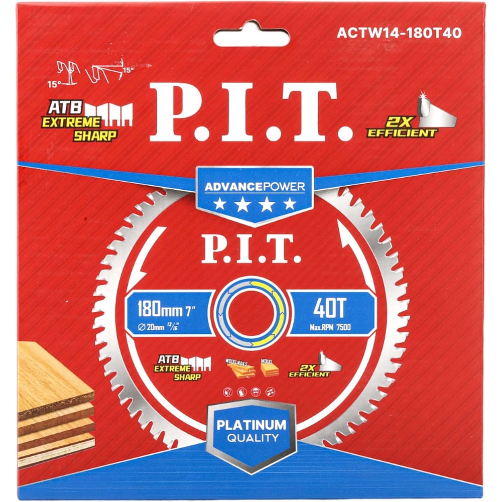 Диск пильный по дереву P.I.T. ADVANCE 180x20x1.4 мм 40T Carbide зуб ATB 15 ACTW14-180T40