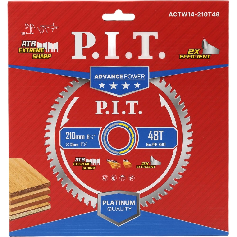 Диск пильный по дереву ADVANCE P.I.T. 210x30x1.4 мм 48T Carbide зуб ATB 15 ACTW14-210T48