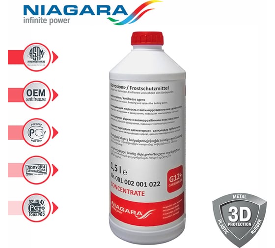 Изображение товара Охлаждающая жидкость NIAGARA концентрат антифриза Ниагара G12+ красный 1,5л 001002001022