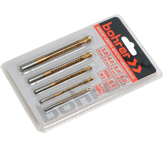 Изображение товара Сверла фрезеровальные Bohrer 3.0/4.0/5.0/6.0/8.0 мм сталь W2 TiN набор 5 шт в блистере 31701505