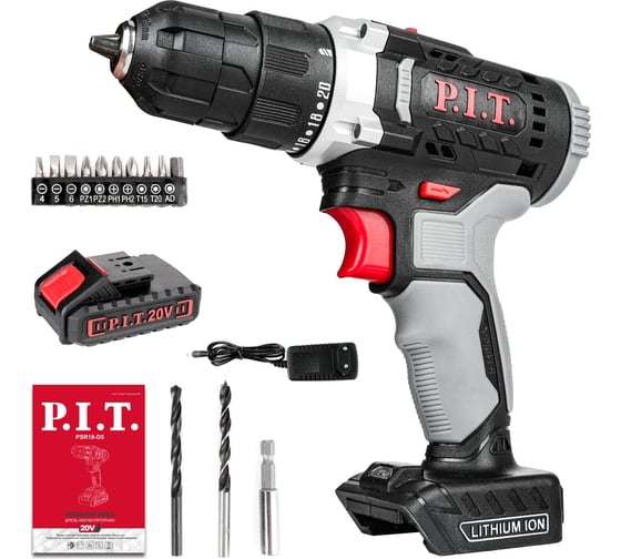 Изображение товара Дрель аккумуляторная P.I.T. (20В, 30Нм, 2ск, 0-350/1350, БЗП 10мм, 1 акб 1,5Ач, ЗУ, коробка), PSR18-D5 PROMO