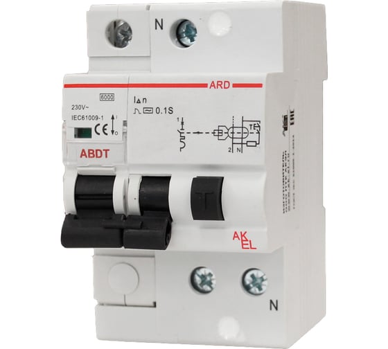 Изображение товара Дифференциальный автоматический выключатель AKEL АВДТ-ARD-1P+N-C6-30mA-ТипA 1P+N/6A/C/A/30mA/6kA 407286