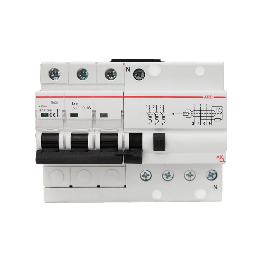 Изображение товара Дифференциальный автоматический выключатель AKEL АВДТ-ARD-3P+N-B50-100mA-ТипAC 3P N/50A/100мА/6кА