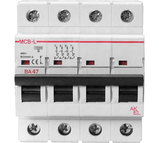 Изображение товара Выключатель автоматический AKEL ВА47-MCB-L-4P-C25-AC 4P/25A/C/10kA/230VAC/10kA/400VAC 404099