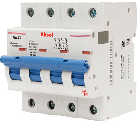 Изображение товара Выключатель автоматический AKEL ВА47-MCB-L-AKSOL-4P-B6-AC 4P/6A/B/15kA 502406