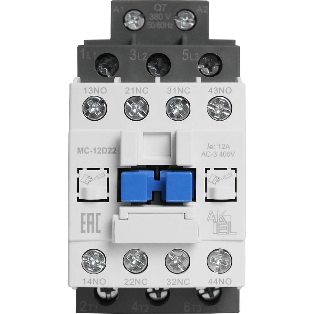 Изображение товара Контактор магнитный AKEL BA47 MC-12D22Q7 3P 2NO+2NC 12А 380VAC модульный
