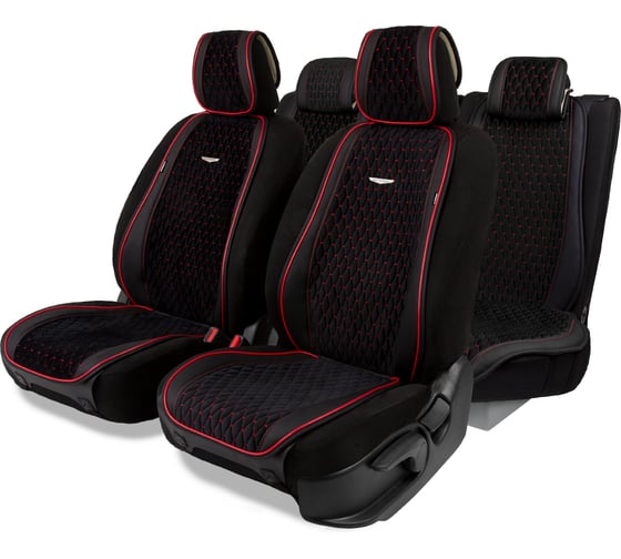 Изображение товара Накидки AUTOPROFI Autobiography, комплект на весь салон, стёганая алькантара + эко-кожа, чёрный/красный AUT-1100 BK/RD