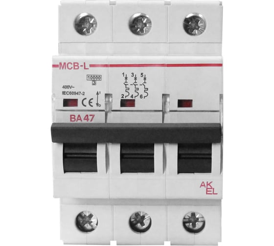 Изображение товара Выключатель автоматический Akel ВА47-MCB-L-3P-D50-AC 3P/50A/D/10kA/230VAC/10kA/400VAC 404141