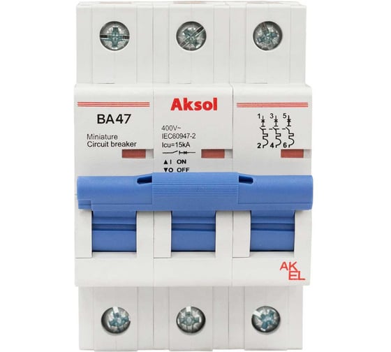 Изображение товара Выключатель автоматический Akel ВА47-MCB-L-AKSOL-3P-D3-AC 3P/3A/D/15kA 504303