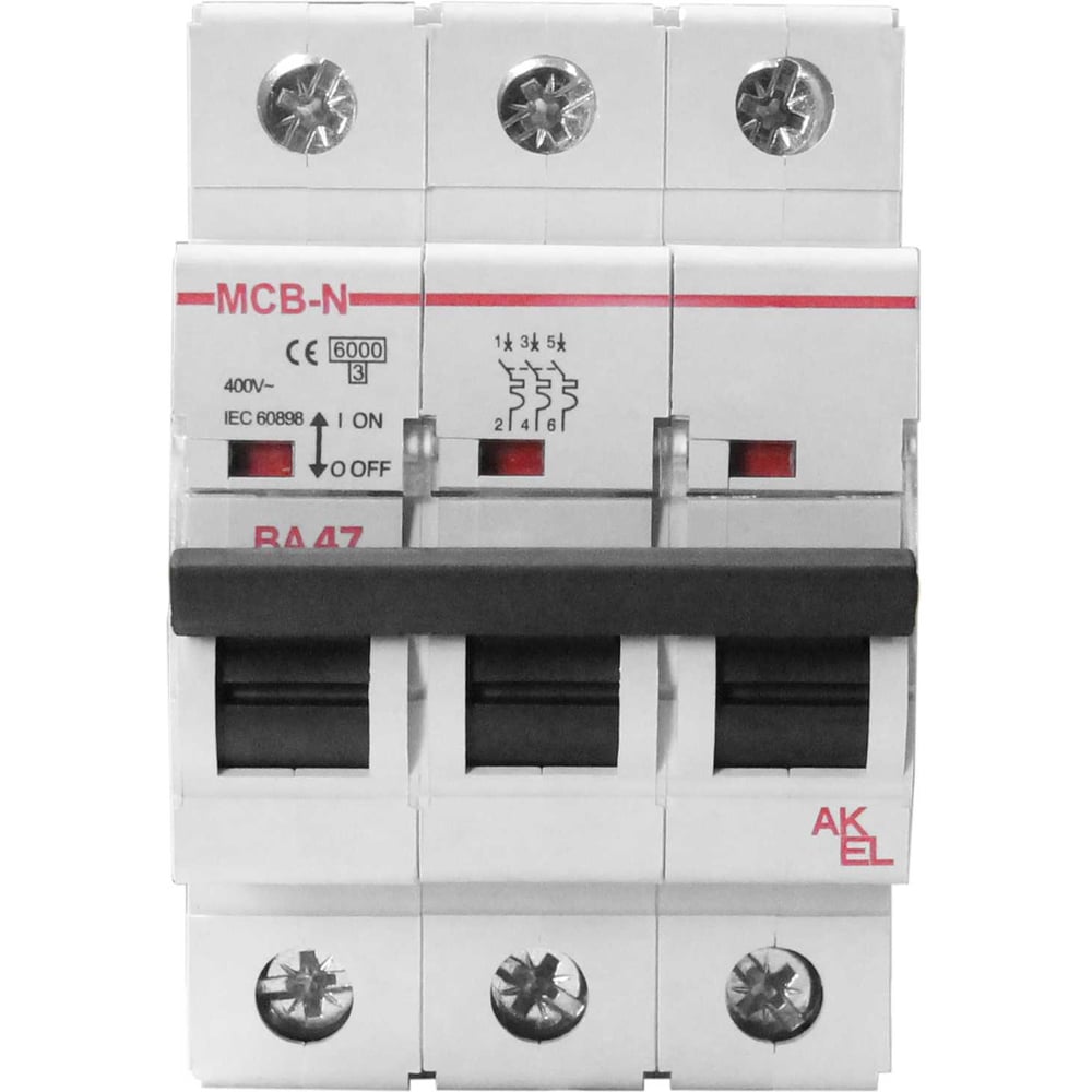 Изображение товара Автоматический выключатель Akel ВА47-MCB-N-3P-C6-AC 6А 3П переменный ток