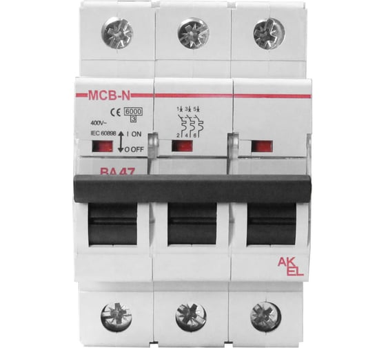 Изображение товара Выключатель автоматический Akel ВА47-MCB-N-3P-D25-AC 3P/25A/D/6kA 400204