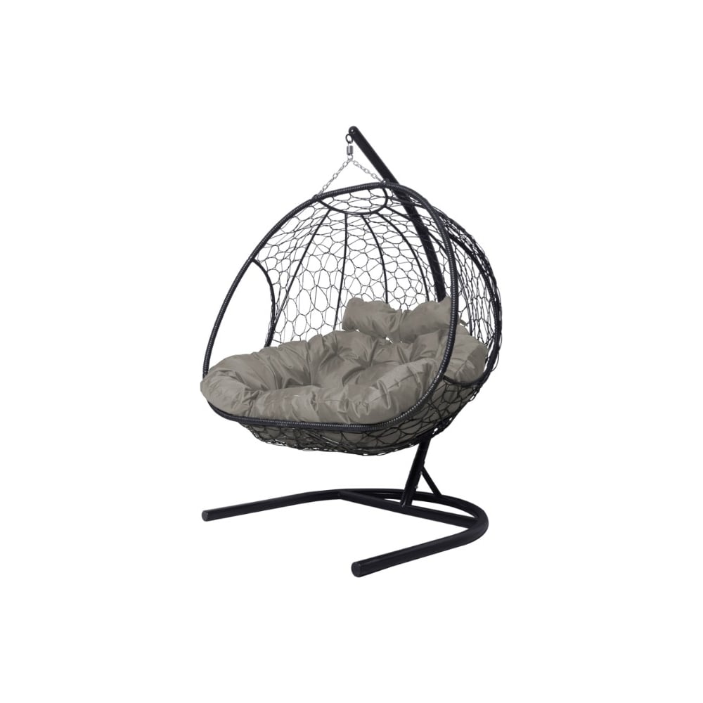 Изображение товара Подвесное кресло Добрыня с ротангом, чёрное + серая подушка, металлическая опора