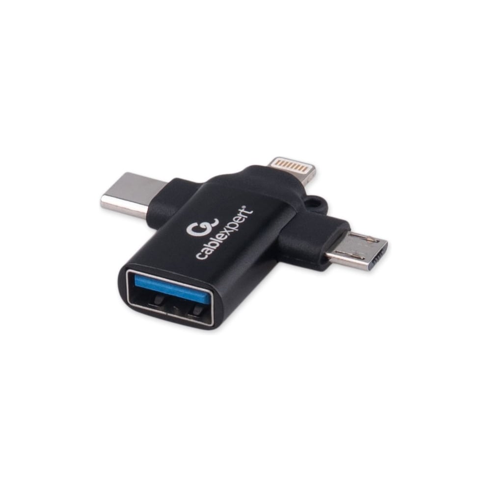 Изображение товара Переходник Cablexpert USB3.1 AF/Type-C(M)+MicroUSB(M)+Lightning(M) 3в1 черный