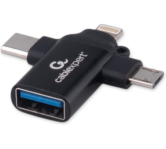 Изображение товара Переходник Cablexpert USB3.1 AF/Type-C(M)+MicroUSB(M)+Lightning(M), с поддержкой OTG, черный, A-USB3.1-AF-3in1