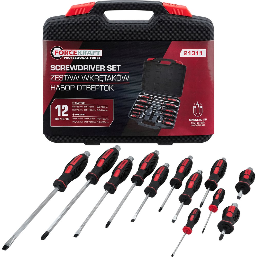 Изображение товара Набор ударных отверток Forcekraft FK-21311 12 шт с кейсом и магнитным наконечником