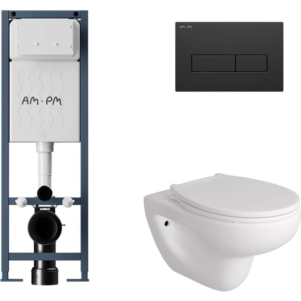 Комплект AM.PM I012711.0338 ErgoFit инсталляция для подвес унитаза с клавишей ErgoFit M пластик, черный матовый +  FLUIRE 901 Унитаз подвесной безободковый, быстросъёмное сиденье с микролифтом, белый глян. I012711.0338AL.FLU40901.W