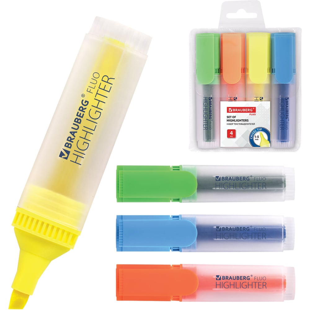 Изображение товара Набор текстовыделителей BRAUBERG FLUO 4 шт ассорти, линия 1-5 мм