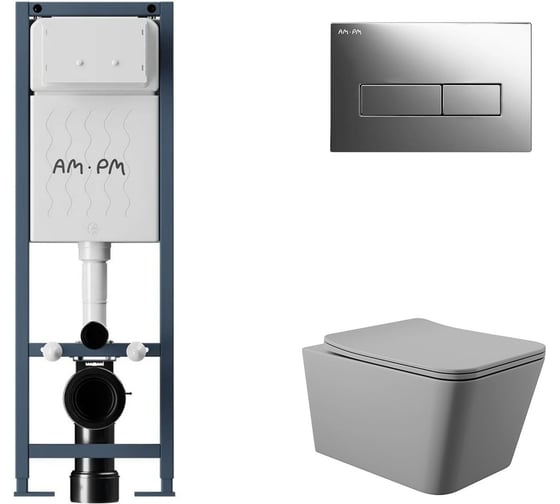 Изображение товара Комплект AM.PM ErgoFit инсталляция для подвесного унитаза с клавишей ErgoFit M пластик, хром глянц + унитаз подвесной 520x370 безободковый, сиденье Soft-Close, серый матовый, форма квадрат I012711.0351Q0130