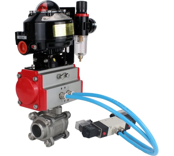 Изображение товара Кран шаровой DN.ru КШПП 316.200-ISO Ду40 Ру40, пневмопривод SA-105, пневмораспределитель (2ЕМ) 220VAC, БК