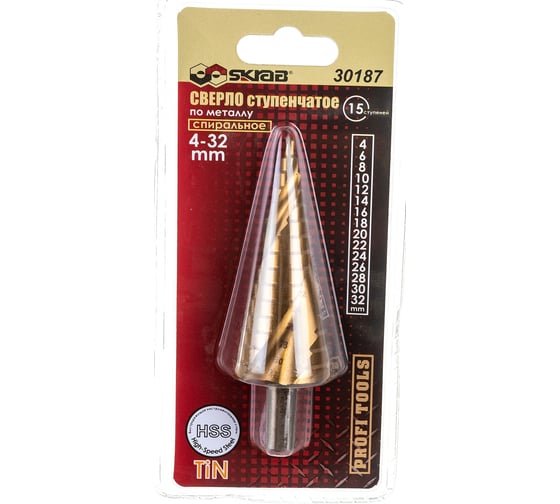 Изображение товара Сверло ступенчатое спиральное по металлу (4-32 мм; 15 ступеней; TiN) SKRAB 30187