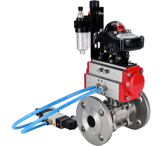 Изображение товара Кран шаровой DN.ru КШФПТ 304.180 Ду25 Ру40 пневмопривод SA-065, пневмораспределитель 220VAC, БКВ LSB-210, БПВ D160-72139