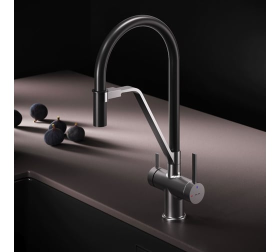 Изображение товара Смеситель для кухни AM.PM Func с каналом для питьевой воды и гибким изливом, сатин, черный излив F8F07812