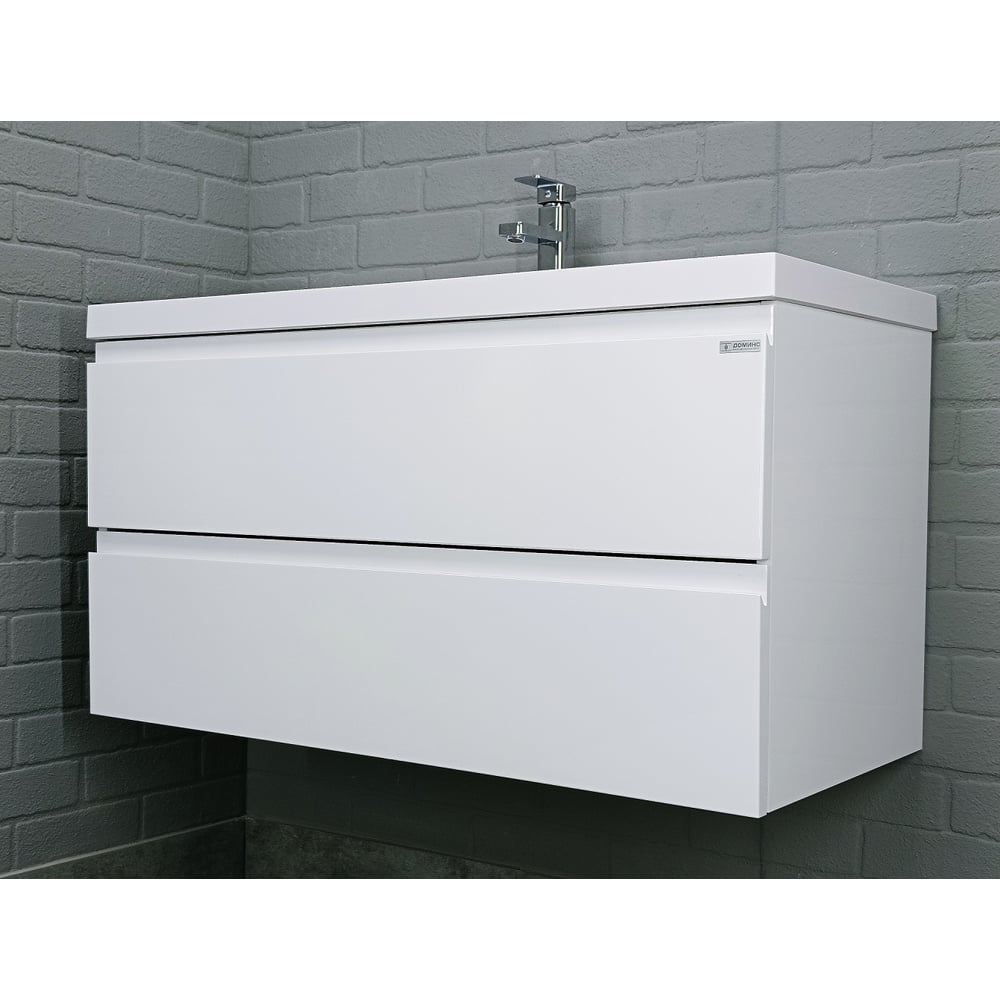 Изображение товара Подвесная тумба под умывальник Домино Bazis 100 белый глянец с двумя ящиками