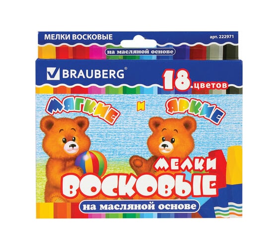 Изображение товара Утолщенные восковые мелки BRAUBERG ПИФАГОР, 18 цветов, на масляной основе, яркие цвета 222971