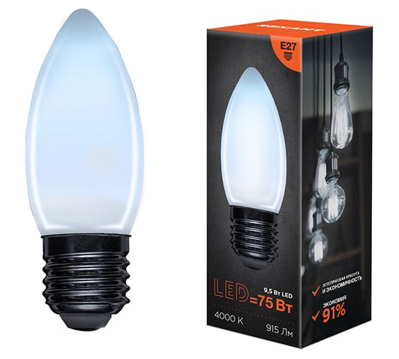 Изображение товара Филаментная лампа REXANT Свеча CN35 9.5 Вт 4000K E27 матовая колба 604-098