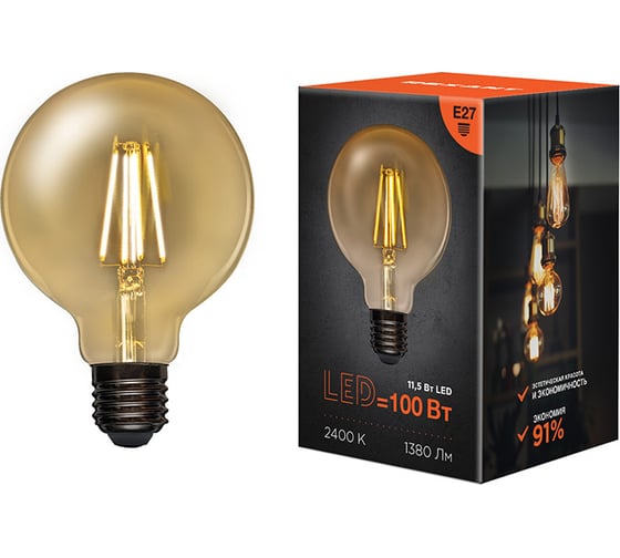 Изображение товара Филаментная лампа REXANT Груша A95 11.5 Вт 2400K E27 золотистая колба 604-142