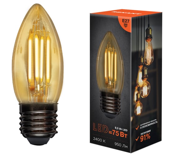 Изображение товара Филаментная лампа REXANT Свеча CN35 9.5 Вт 2400K E27 золотистая колба 604-100