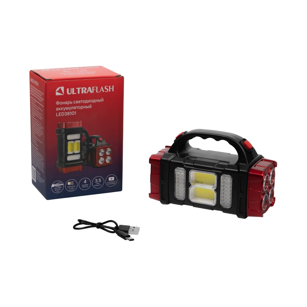 Изображение товара Фонарь аккумуляторный ULTRAFLASH LED38101 с 40LED 2COB Type-C PowerBank IP44 черный