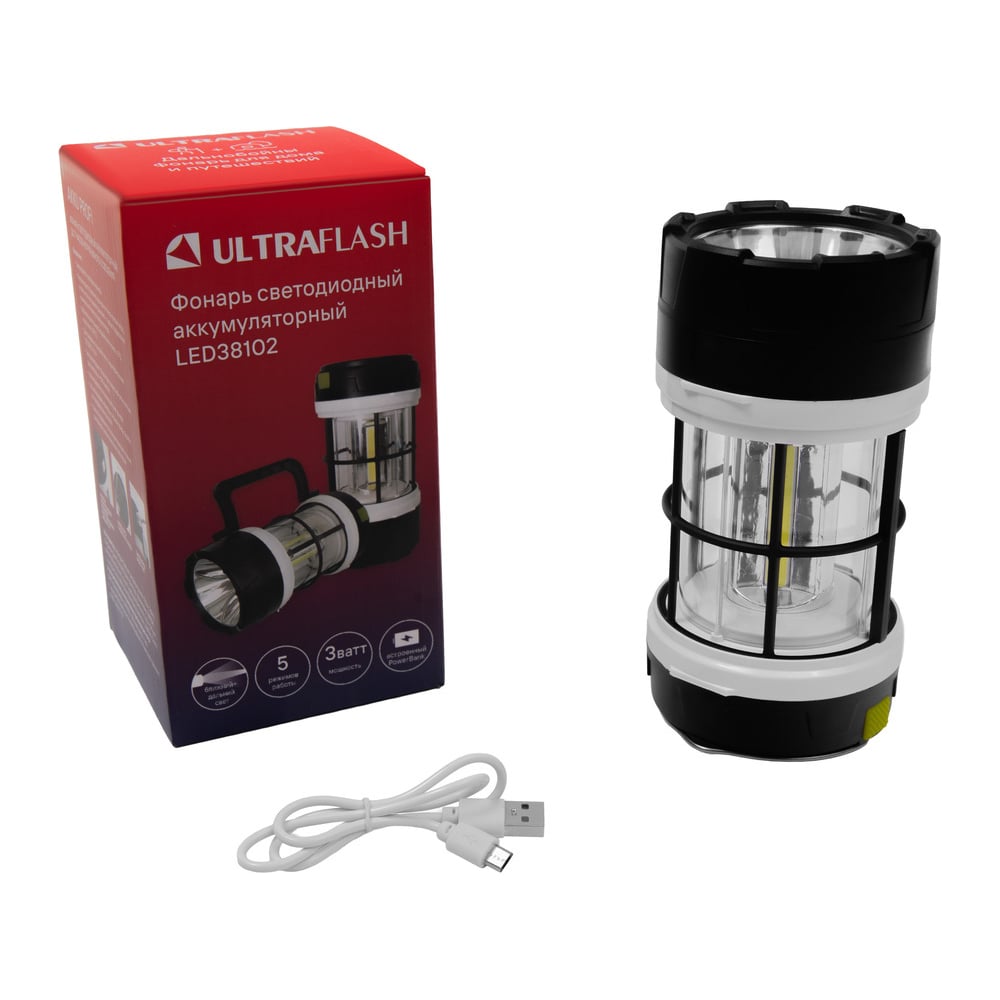 Изображение товара Аккумуляторный фонарь ULTRAFLASH LED38102 PowerBank 5 режимов IP44 черный