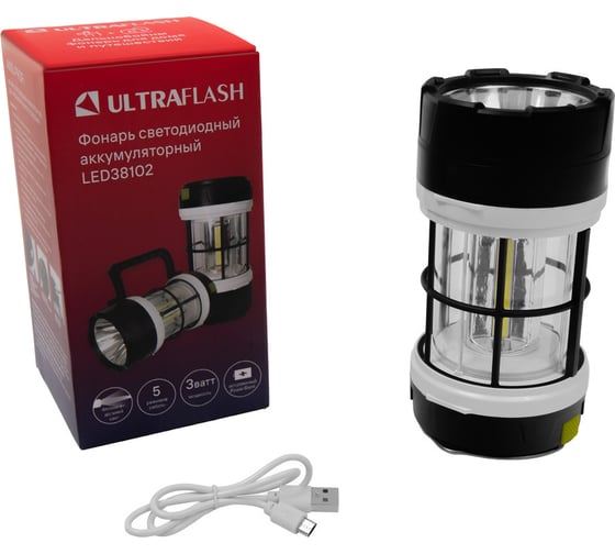Изображение товара Фонарь аккумуляторный Ultraflash LED38102 черн./бел., LED+3COB, 5 реж., Micro-USB, PowerBank, пластик, кор. 15952