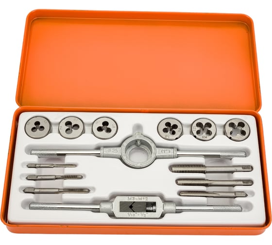 Изображение товара Набор метчиков и плашек BOHRER метрические, М3x0,5 М4x0,7 М5x0,8 М6x1,0 М8x1,25 М10x1,5, вороток, 14 предметов 31850140