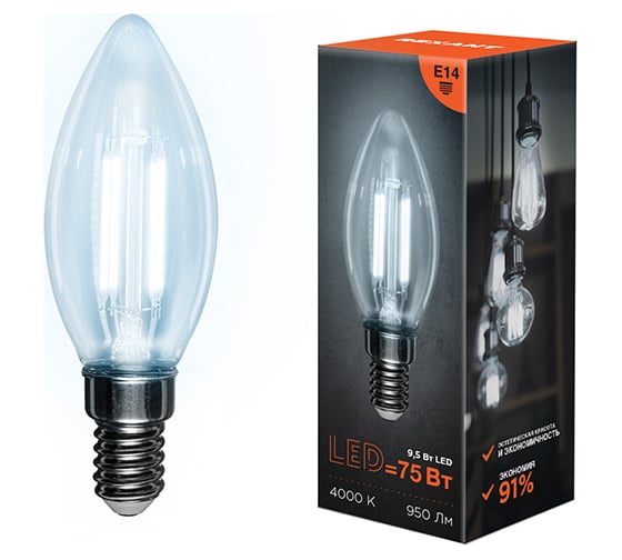 Изображение товара Филаментная лампа REXANT Свеча CN35 9.5 Вт 4000K E14 604-092