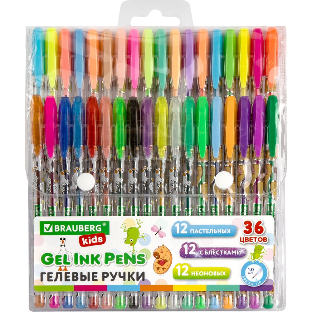 Изображение товара Набор гелевых ручек BRAUBERG KIDS CUTE ANIMALS 36 шт с блестками неоновыми
