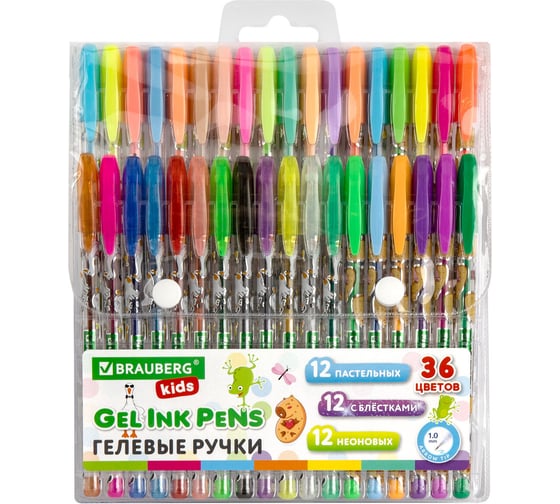 Изображение товара Ручки гелевые BRAUBERG KIDS CUTE ANIMALS, НАБОР 36 ЦВЕТОВ, линия письма 0,7 мм 144448