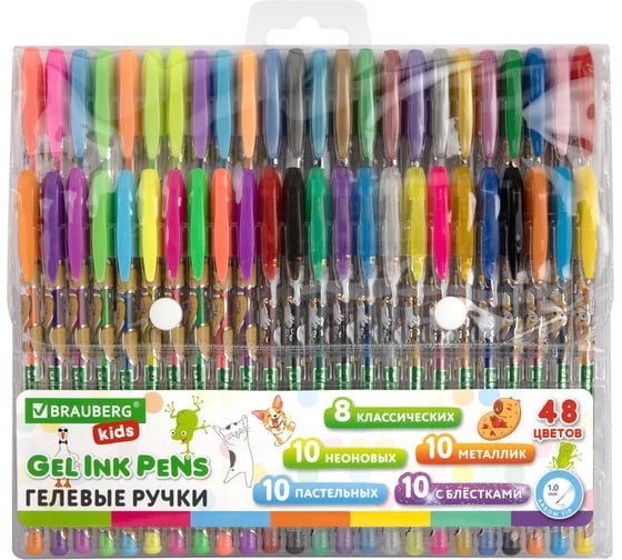 Изображение товара Ручки гелевые BRAUBERG KIDS CUTE ANIMALS, НАБОР 48 ЦВЕТОВ, линия письма 0,7 мм 144449