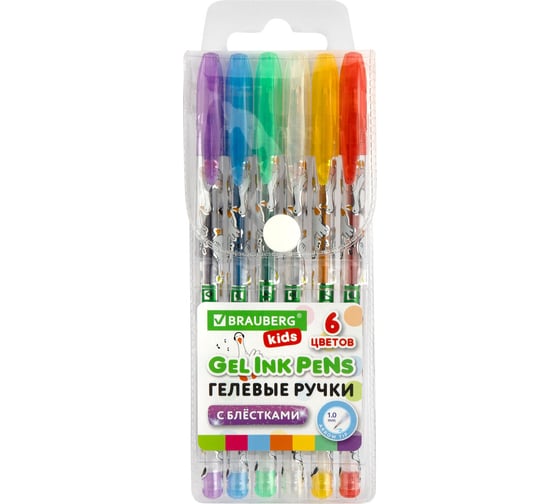 Изображение товара Ручки гелевые BRAUBERG с блестками KIDS CUTE ANIMALS, НАБОР 6 ЦВЕТОВ, линия письма 0,7 мм 144443