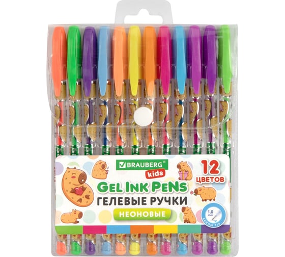 Изображение товара Ручки гелевые BRAUBERG НЕОНОВЫЕ  KIDS CUTE ANIMALS, НАБОР 12 ЦВЕТОВ, линия письма 0,7 мм 144444