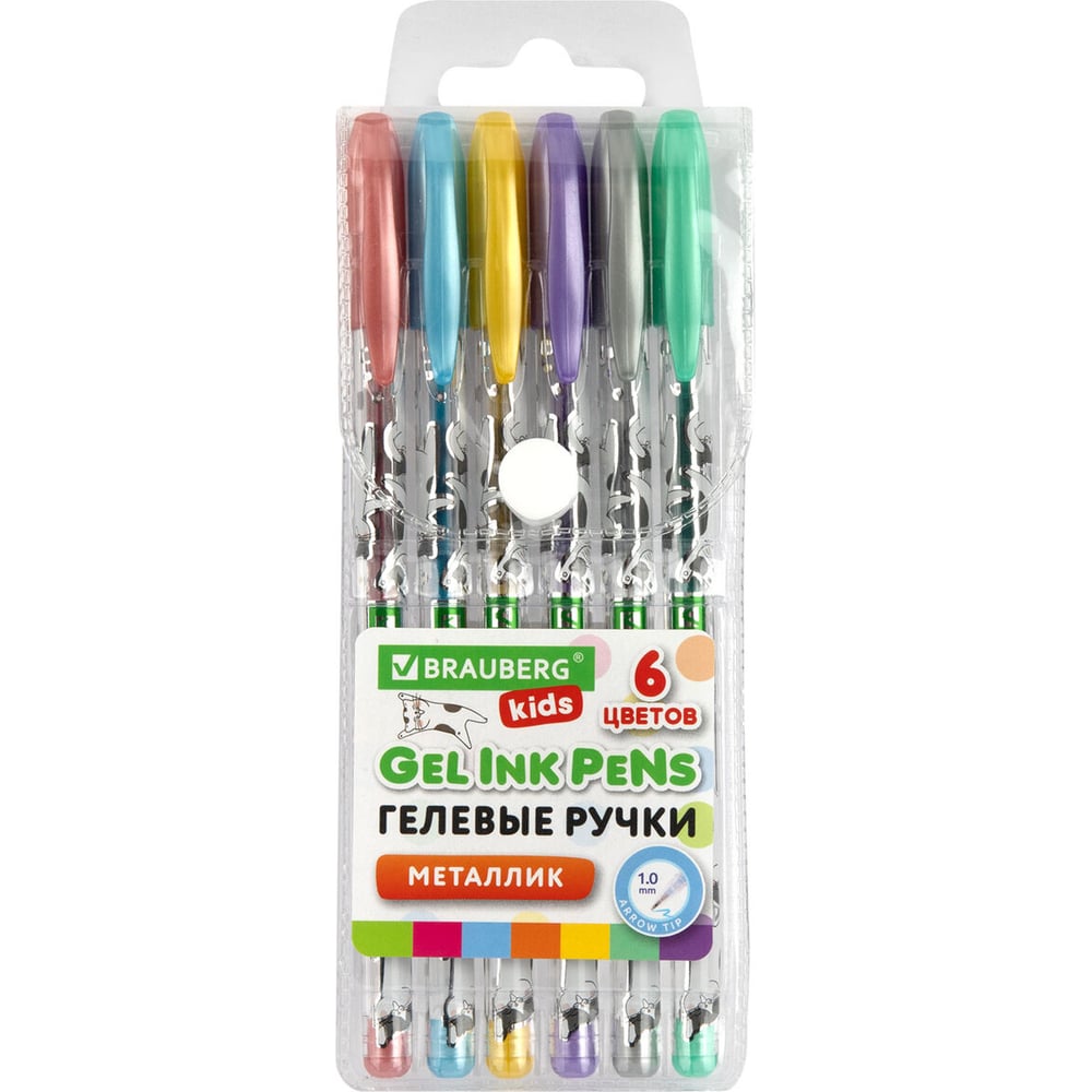 Изображение товара Набор гелевых ручек BRAUBERG METALLIC KIDS CUTE ANIMALS 6 цветов для детей