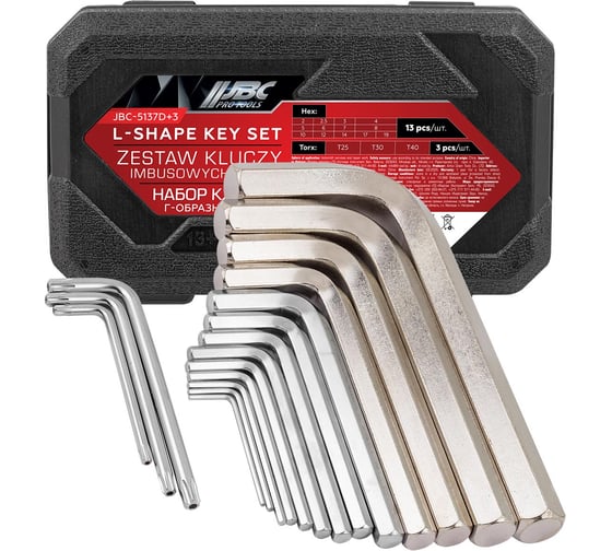 Изображение товара Ключи Г-образные 6-гранные JBC набор 13+3 предмета (2, 2.5, 3-8, 10, 12, 14, 17, 19мм + T25, T30, T40) -5137D+3(66151) JBC-5137D+3(66151)