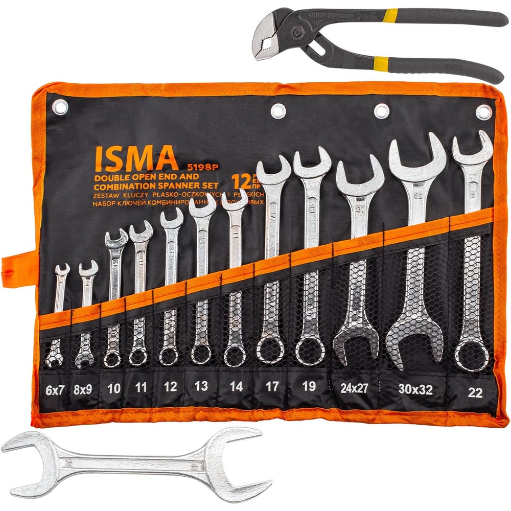 Изображение товара Набор комбинированных и рожковых ключей ISMA 12+2 предмета