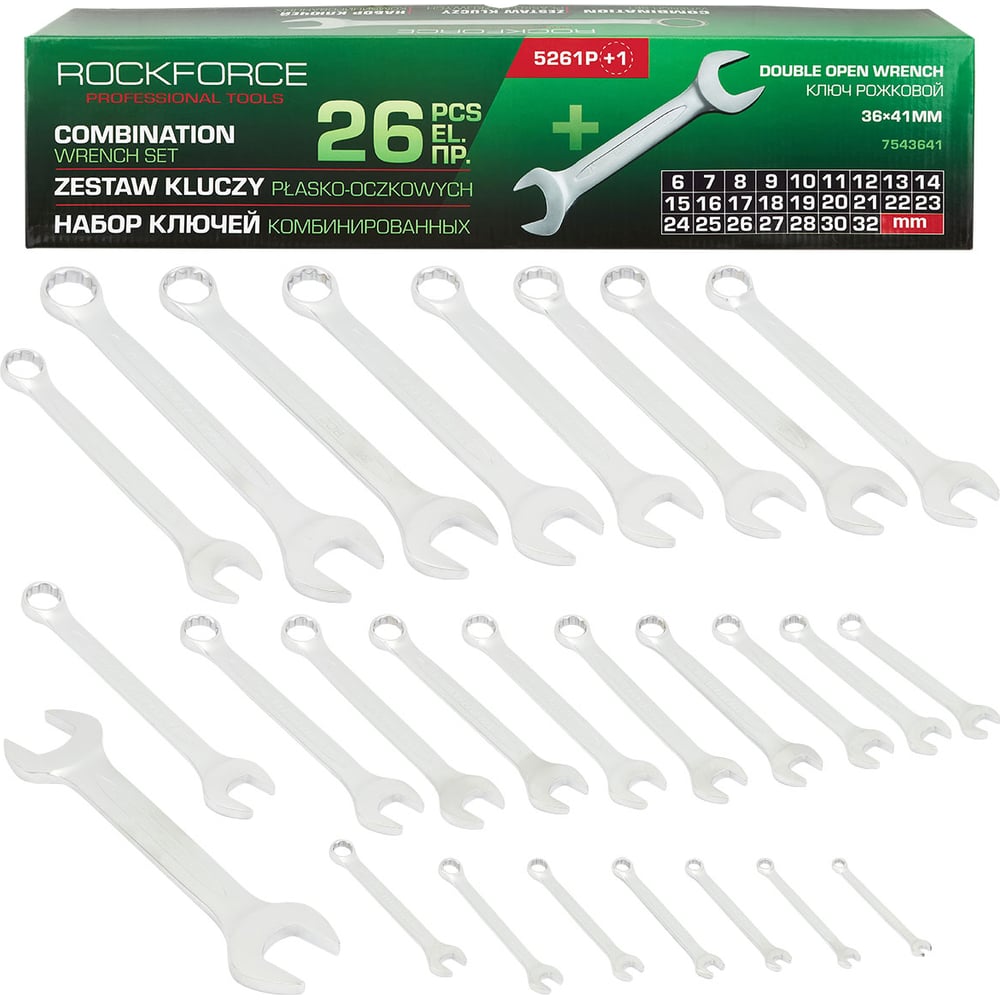 Изображение товара Набор ключей комбинированных Rockforce 25+1 (6-32 мм, 36х41 мм)