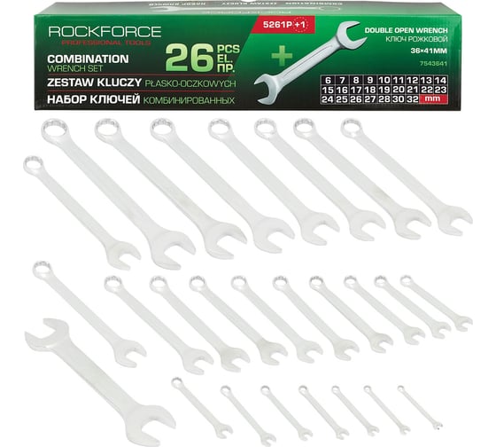Изображение товара Набор ключей комбинированных Rockforce 25+1 предмет (6-28, 30, 32мм+ключ рожковый 36х41мм)на полотне RF-5261P+1(65626)