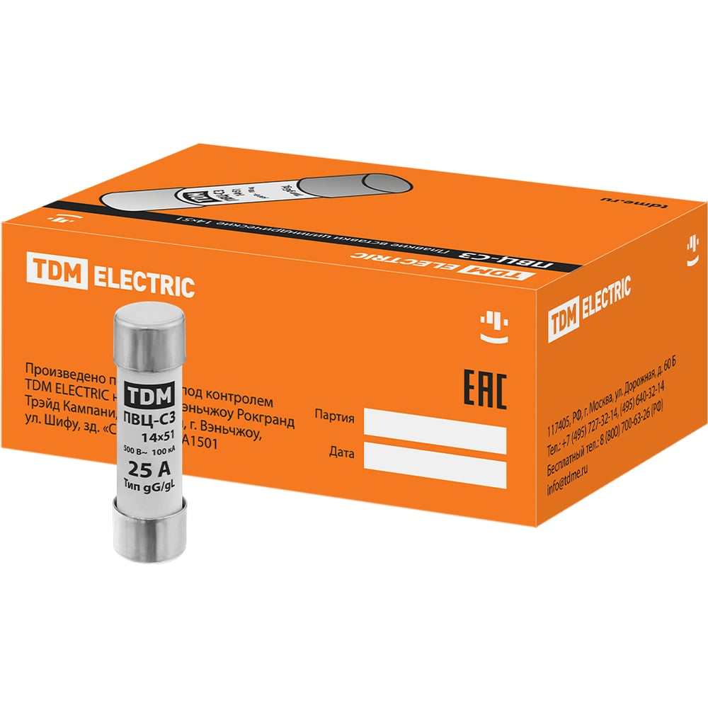 Изображение товара Плавкая вставка TDM ELECTRIC ПВЦ-С3 14х51 25А 10 штук защита электрической сети
